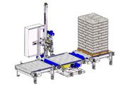 A technical drawing depicts an industrial palletizing system with conveyors and robotic arm, designed for stacking objects, set against a white background.